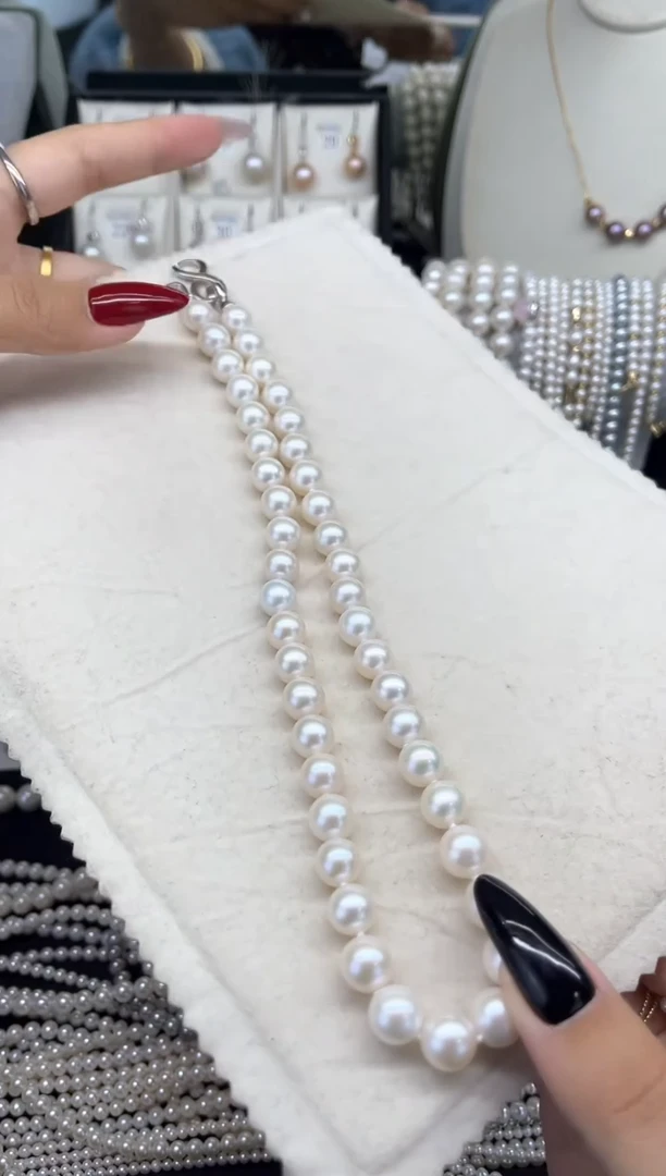 足银无非金属无9-10全珠项链，正圆肉眼无暇，顶级品质