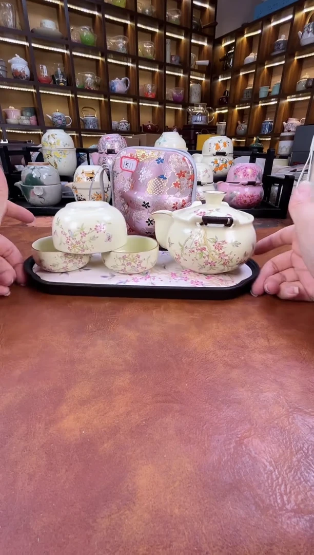 瓷片桃花1壶3杯宝瓶旅行+长方桃花盘