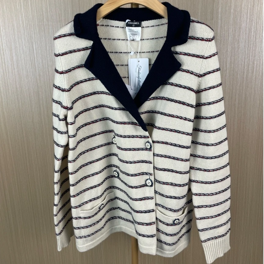 99新 Chanel/香奈儿 水手条纹黑领双排扣羊绒外套开衫40 16526882