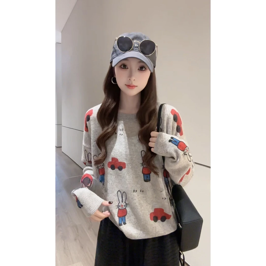 洋气慵懒风宽松套头软糯字母卡通兔子针织衫圆领针织衫毛衣H9-17