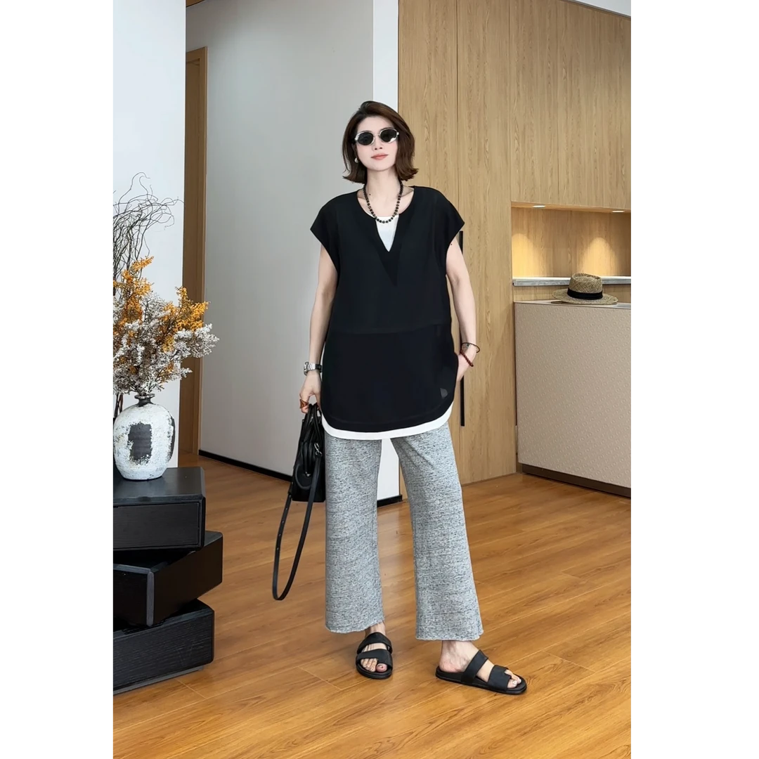 YYOUHAN 2025新款【穿搭巧思】撞色假两件显瘦百搭T恤 2507C3843