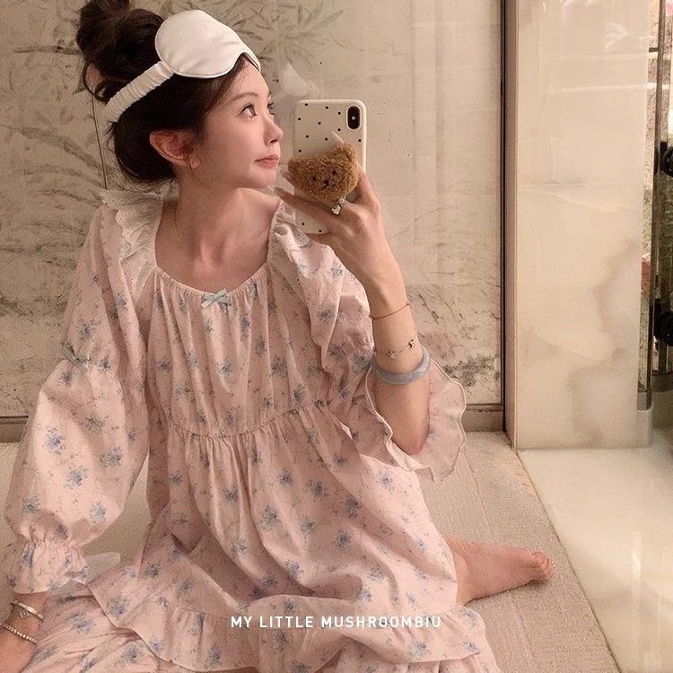 秋季长袖睡衣女2025新款爆款可爱甜美碎花方领蕾丝花边家居服套装