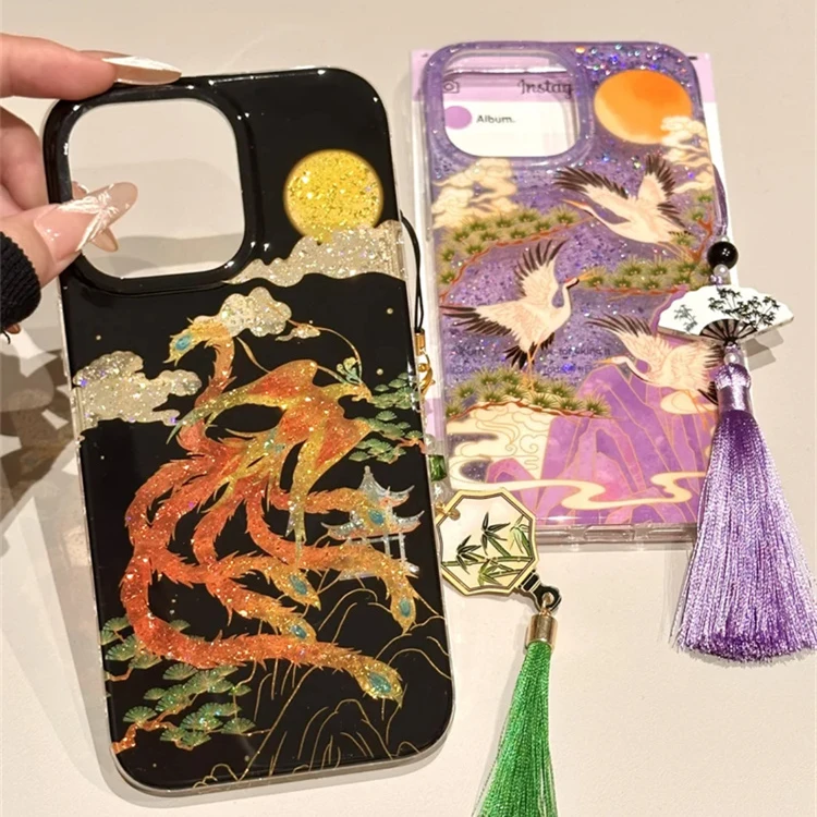 新中式闪粉山丘祥云凤凰仙鹤适用苹果16pro手机壳15promax挂件14