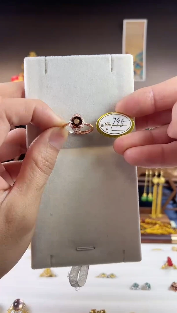 银S925镀金镶嵌戒指碧玺，红棕色碧玺戒指-孤品