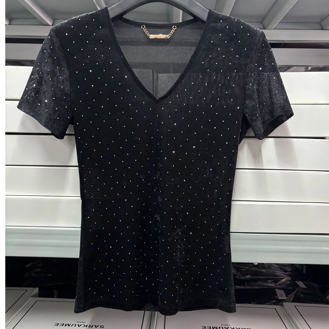 黑色满钻V领打底气质时尚百搭镶钻