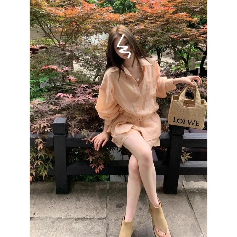 法式气质衬衫短裤套装女慵懒翻领衬衫配腰带防晒套装