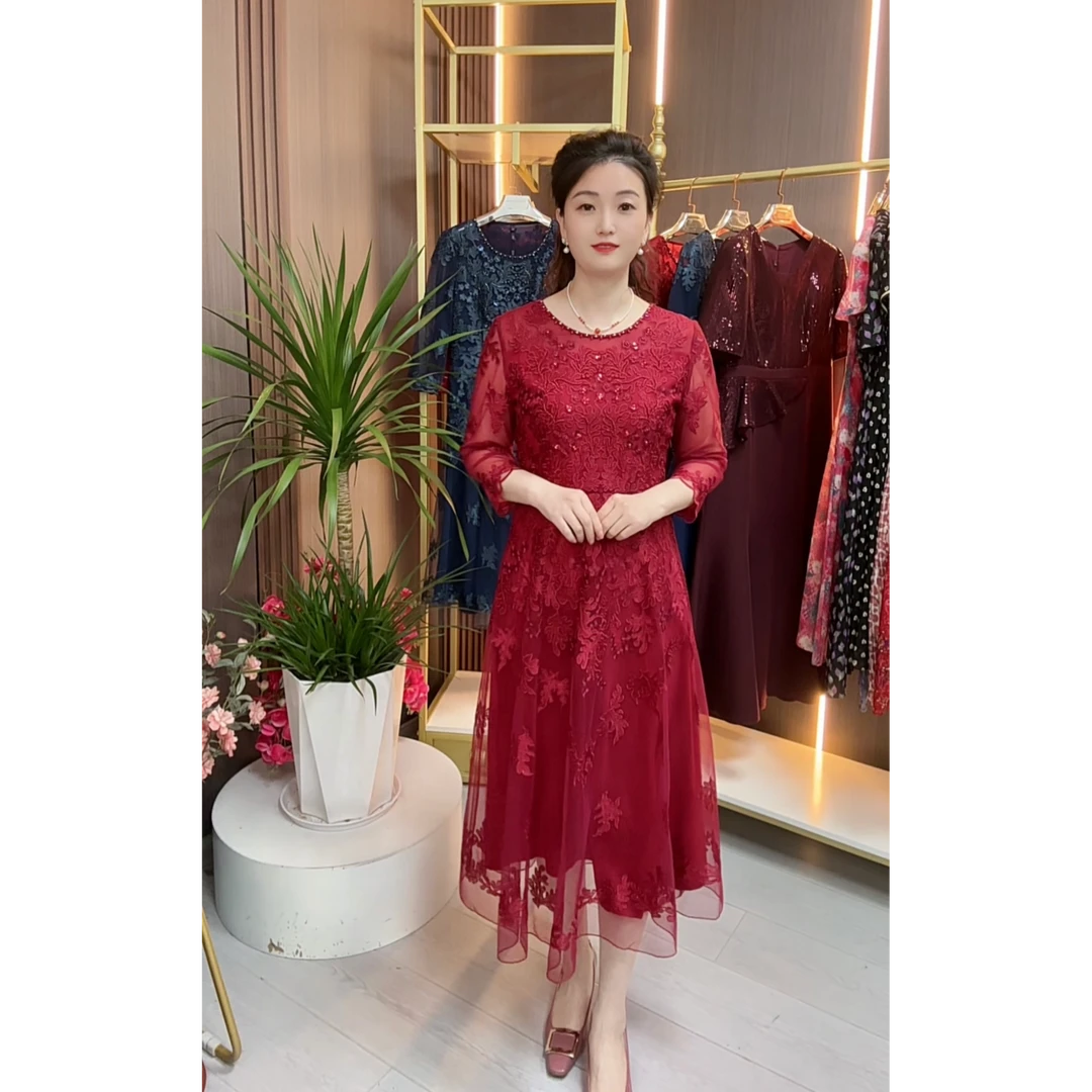 2396超显瘦高腰中长款连衣裙气质款飘逸仙女裙刺绣蕾丝修身百搭裙