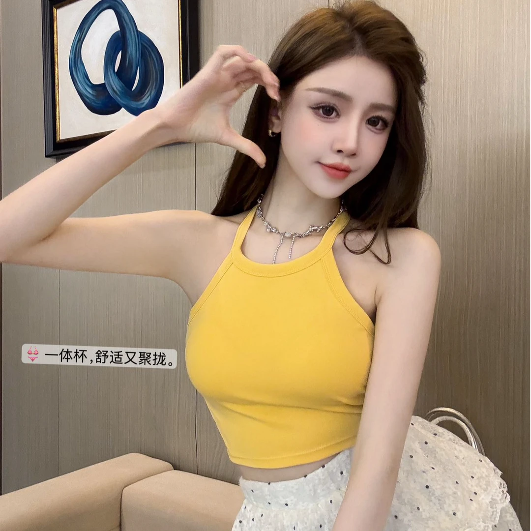 夏季纯欲辣妹挂脖吊带背心女带胸垫内搭外穿修身美背短款衣