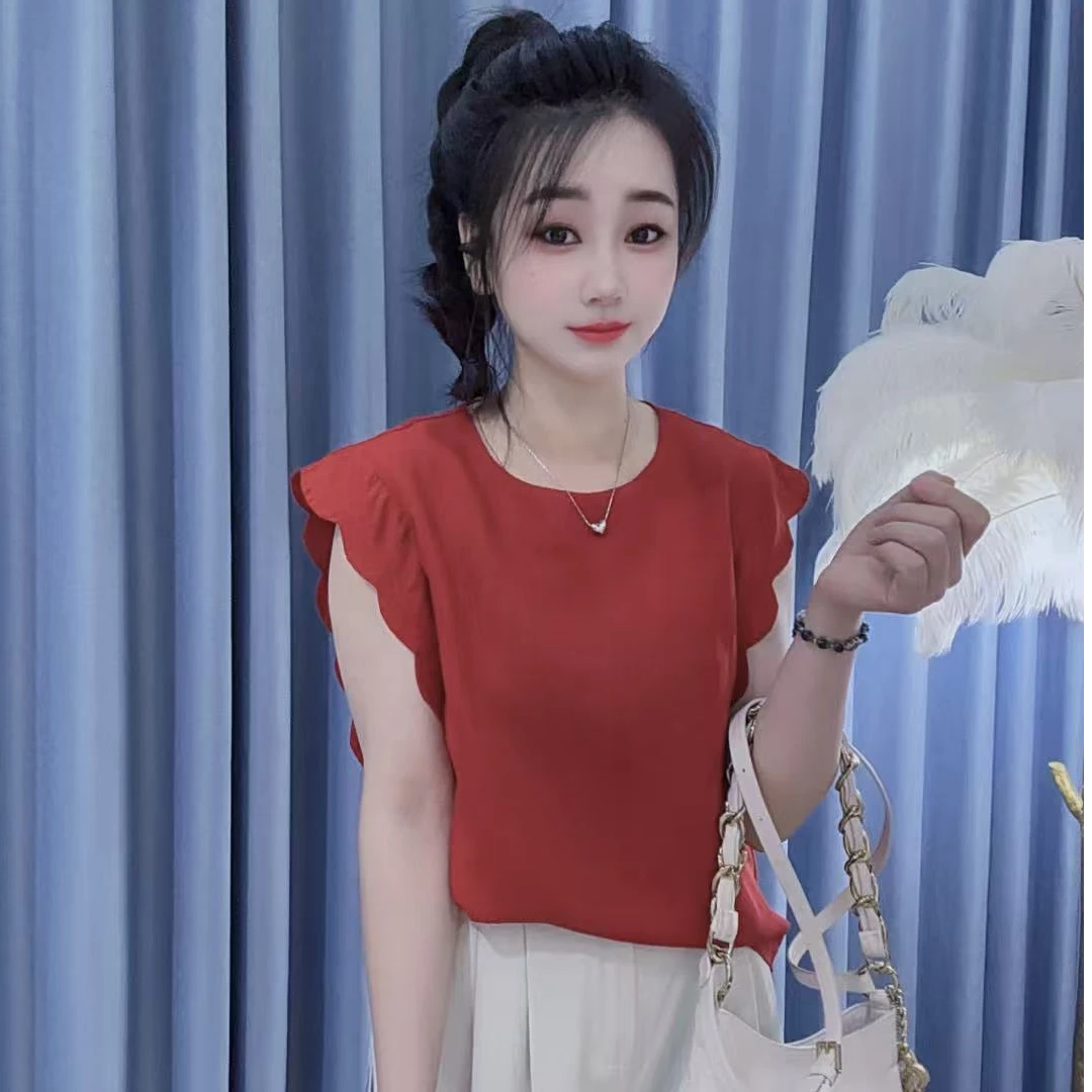 丹丹精选--25696新款圆领波浪边无袖上衣