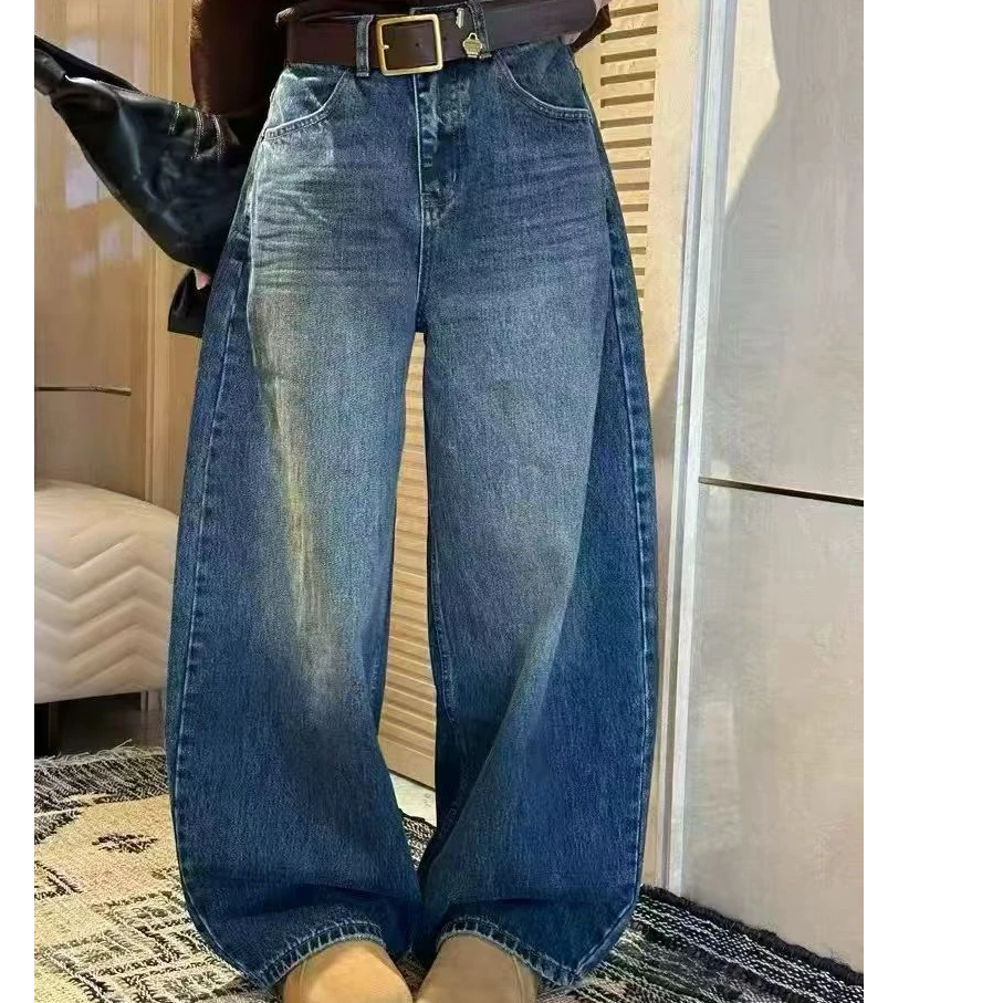 欧洲站2025新款弯刀阔腿加绒牛仔裤女高腰显瘦显高运动休闲拖地裤