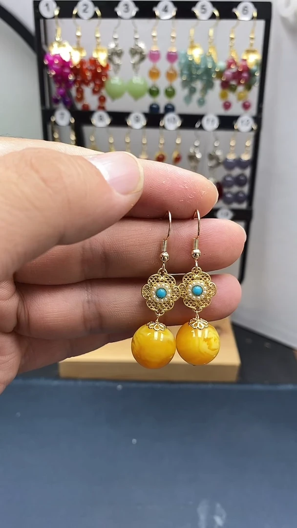 银S925镀金镶嵌蜜蜡耳饰尺寸14mmQ2