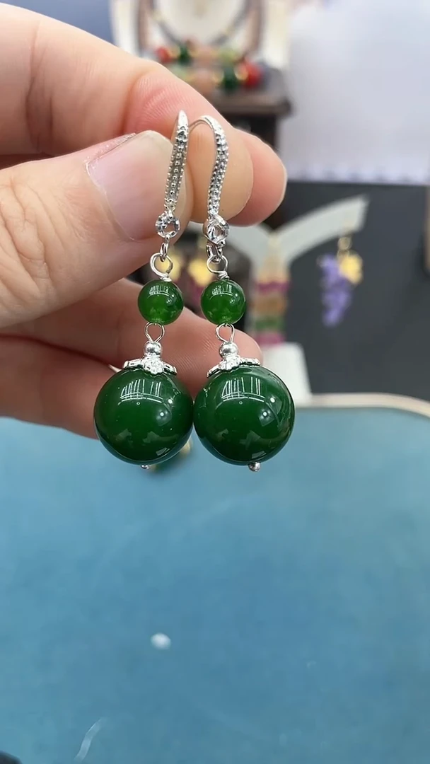 和田玉银S925镶嵌耳饰14mm*碧玉双珠BY2