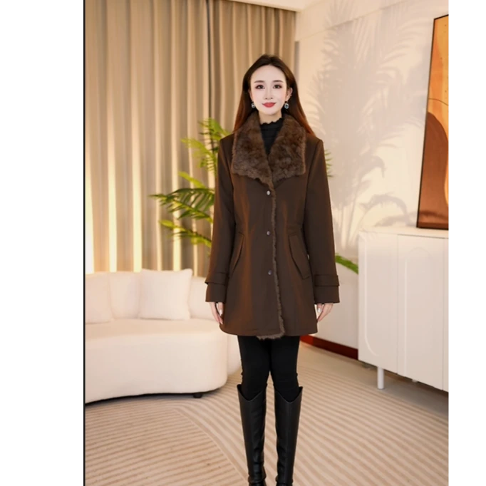 长袖口袋气质时尚复古毛领中长款秋冬棉服25C851