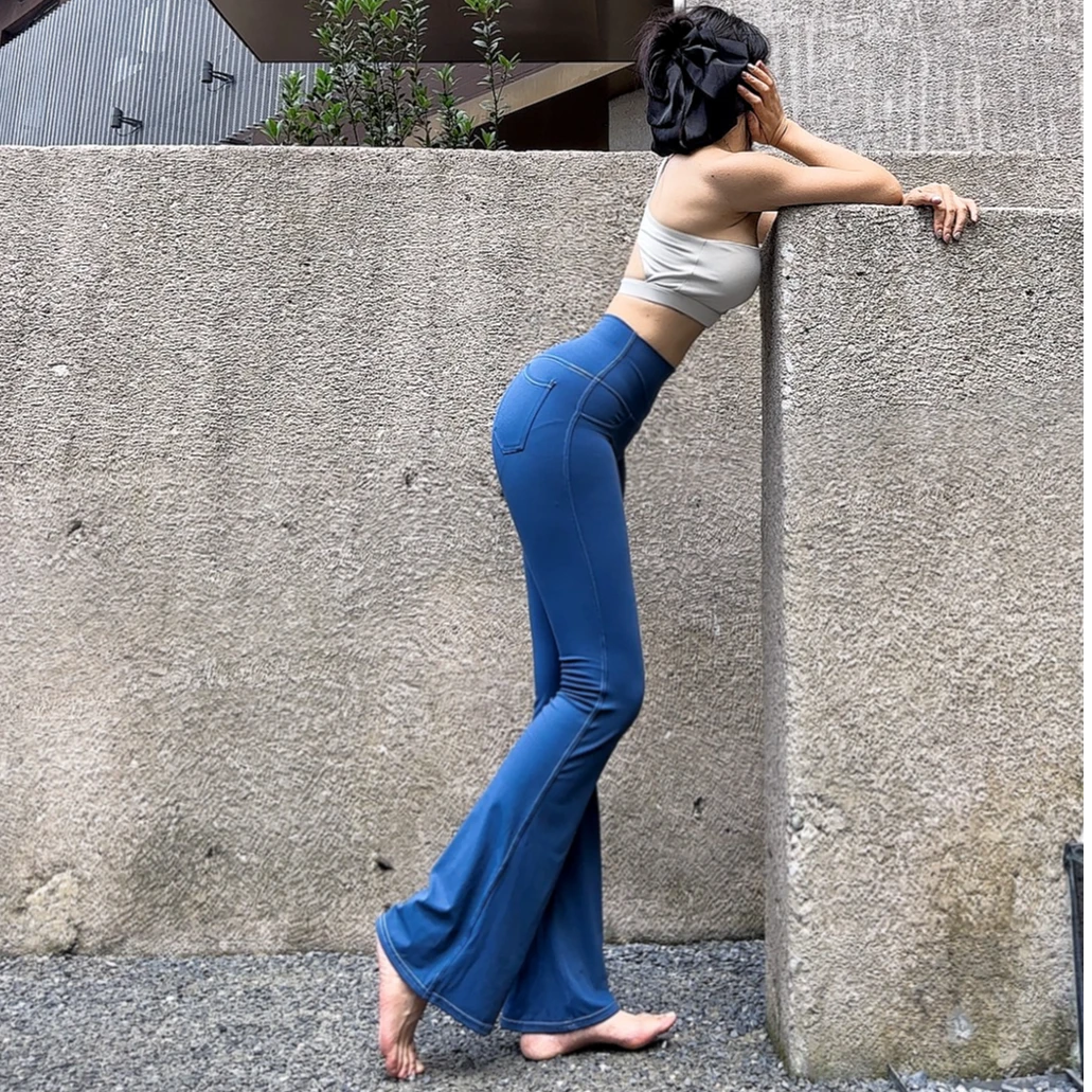 2025年新款高腰提臀牛仔裸感瑜伽裤女裸感速干紧身跑步运动蜜桃