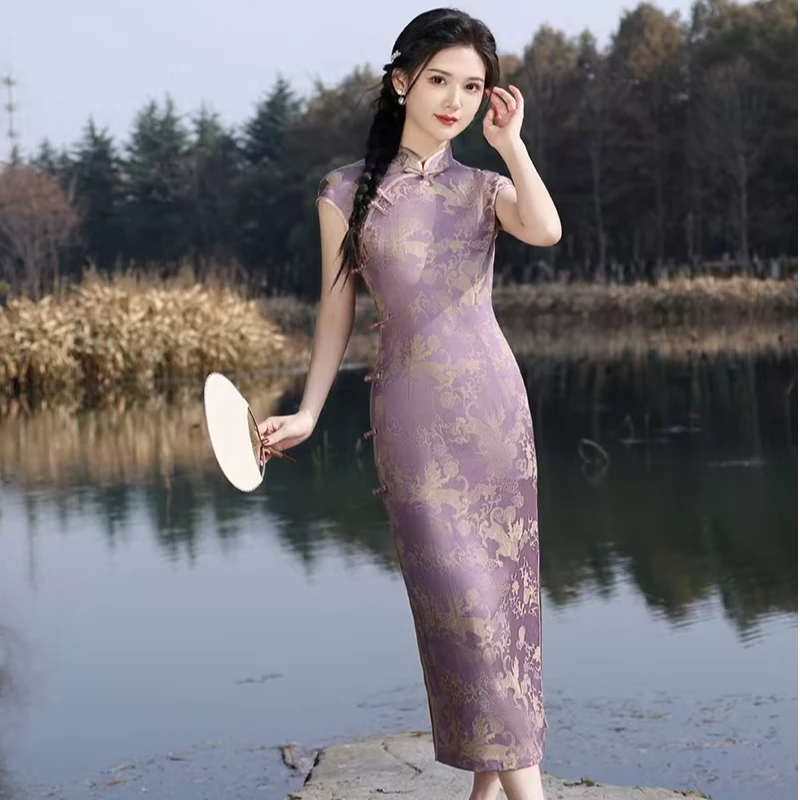 新款2025紫色气质优雅中国风复古长款旗袍日常高级修身显瘦