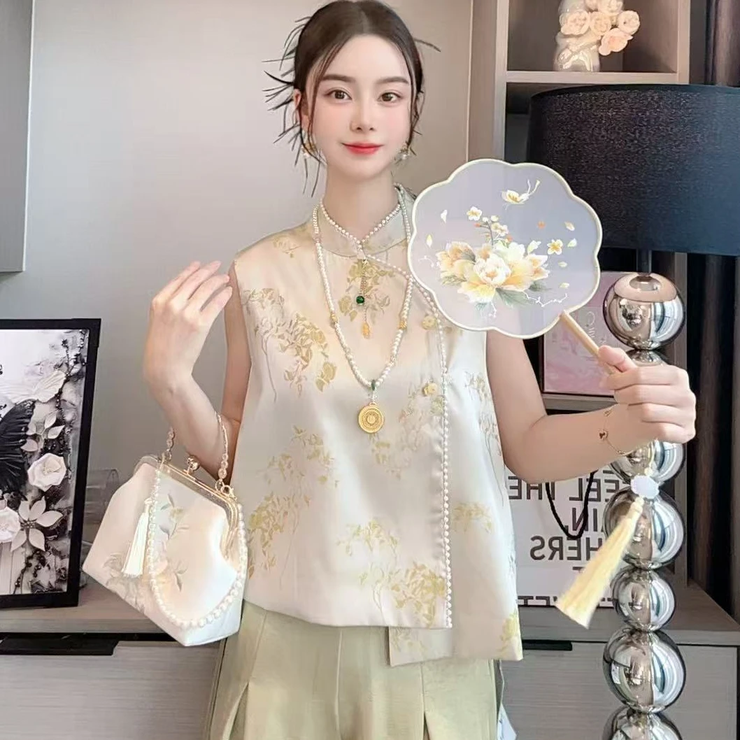 新中式国风串珠夏季小衫马甲上衣复古显瘦减龄809