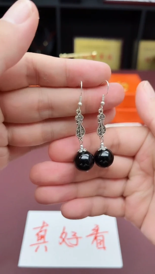 黑曜岩银S925镶嵌耳饰314000