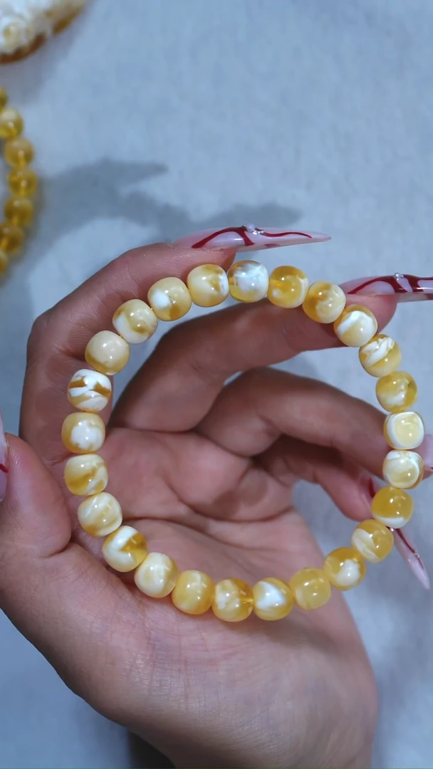 手链琥珀未镶嵌金****记典藏级8.5mm荧光金瓷白溶洞