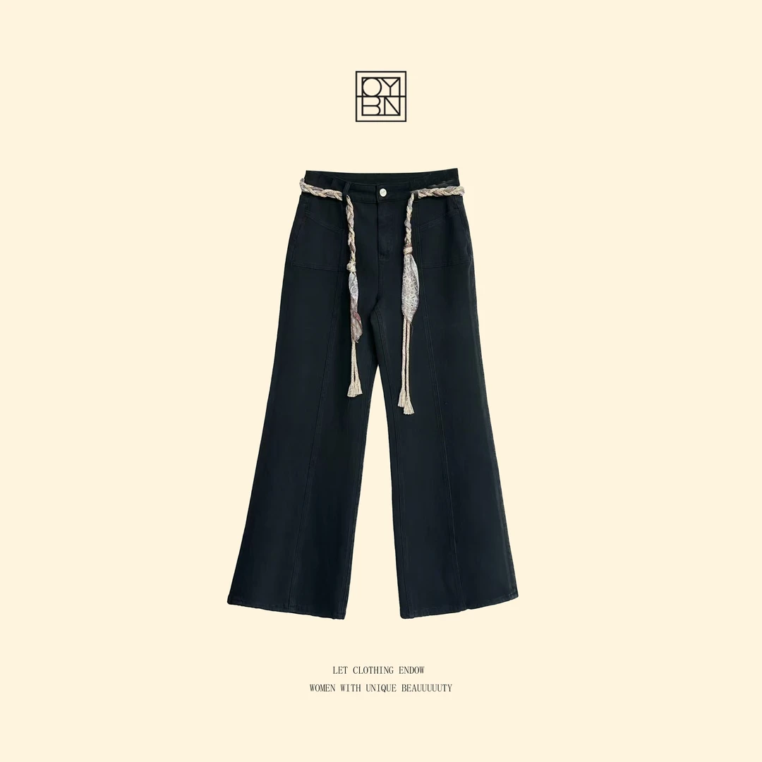 OYBN欧阳贝妮【曲线身姿】微胖大码设计感复古系带阔腿牛仔裤5550