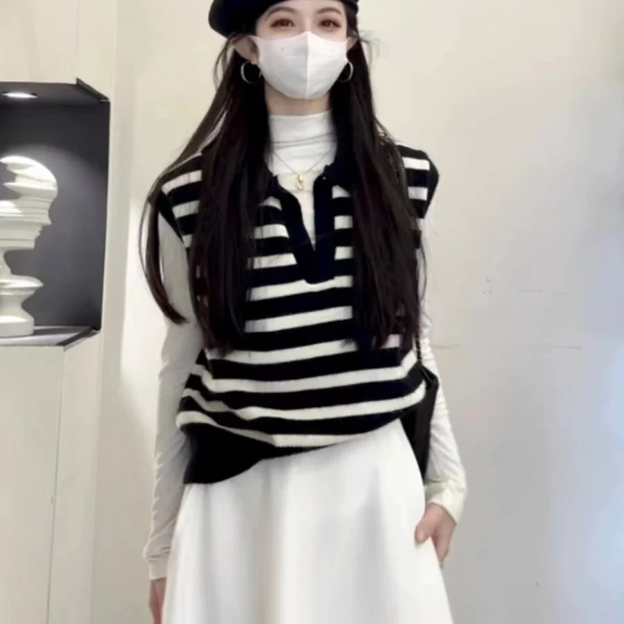 绒贝斯8786复古polo领马甲套头衣女春秋条纹背心翻领针织叠穿上衣