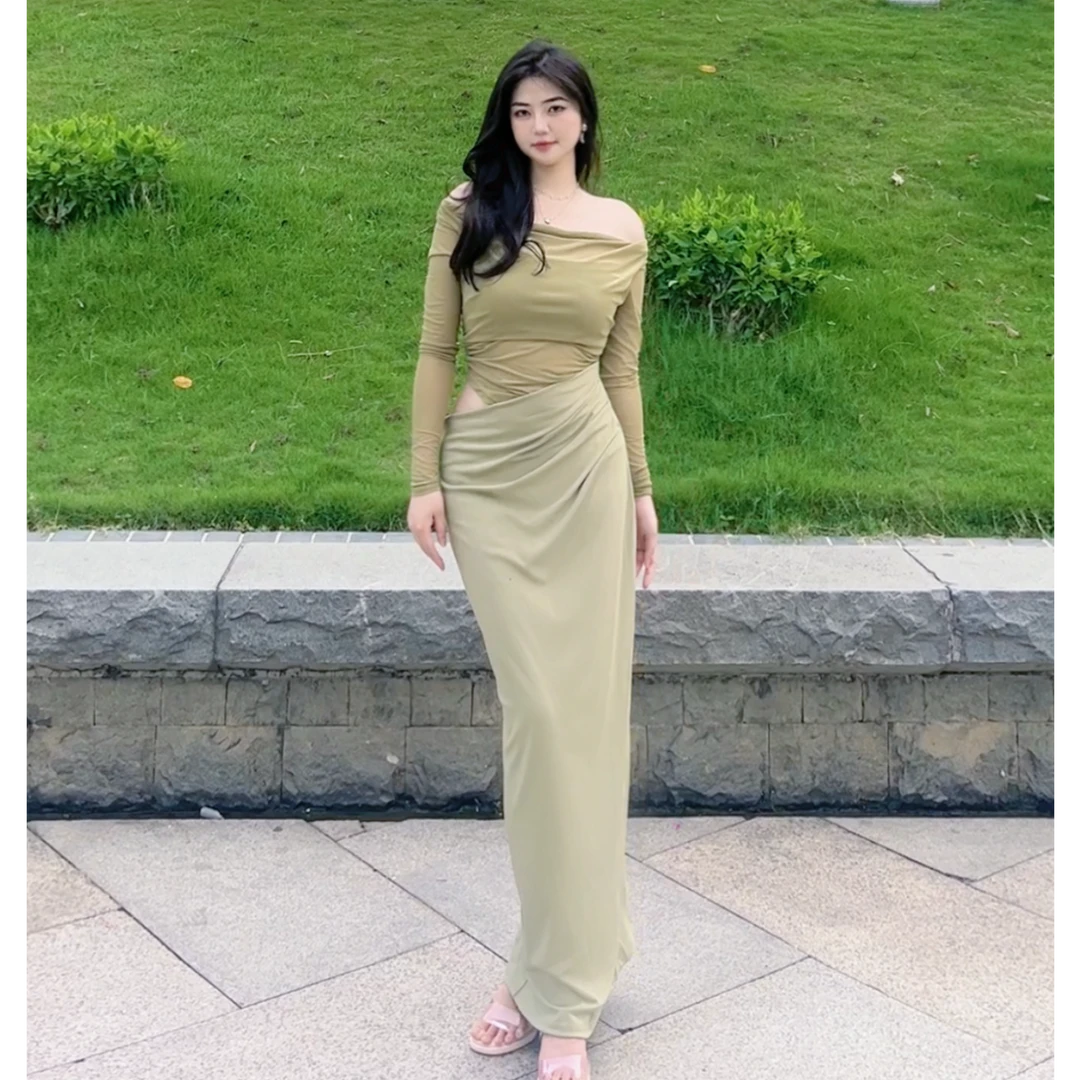 【肉肉桃】微胖大码一字肩网纱镂空连衣裙女夏季修身收腰设计感7210