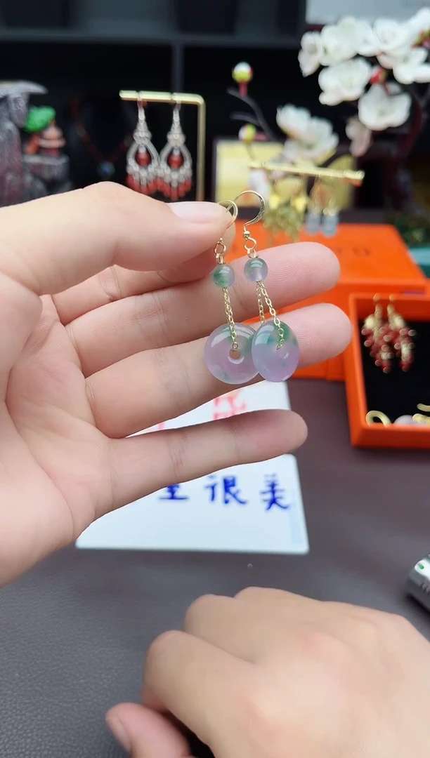 石英质玉（天山翠）银S925镶嵌耳饰732000