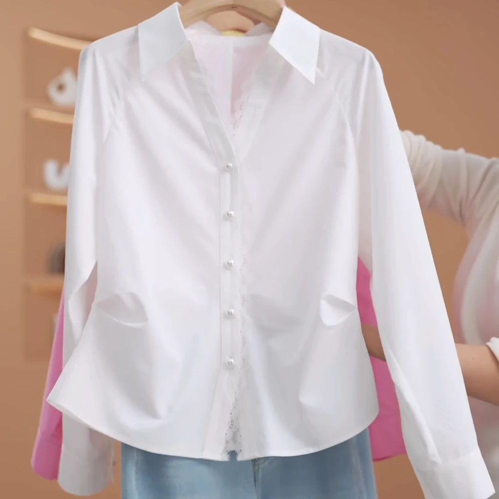春季上新韩版洋气气质时尚小众设计感纯色收腰百搭蕾丝衬衫