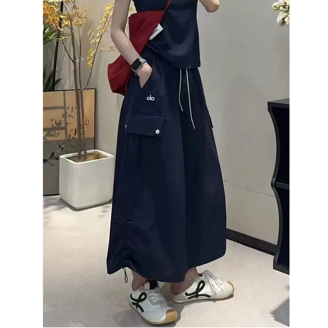 【清仓福利】下摆抽绳工装半身裙女高腰宽松口袋长裙1012