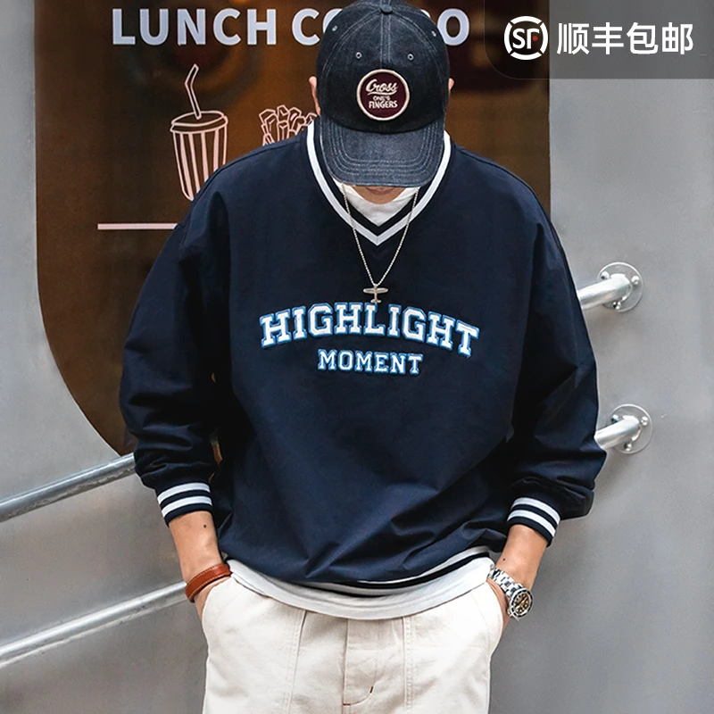 马登工装美式复古字母刺绣V领棒球服运动街头落肩长袖T恤上衣男春