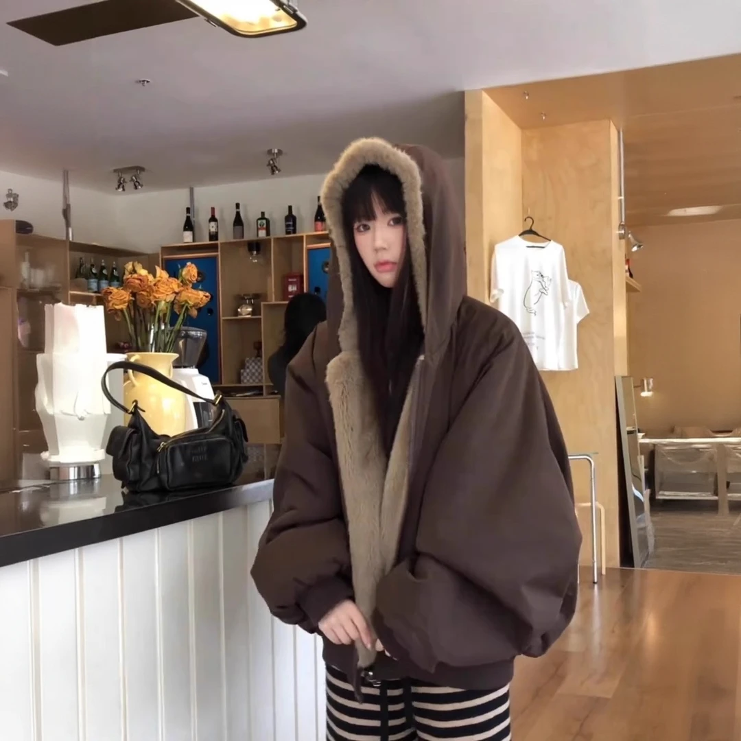 座山雕毛毛棕色连帽棉服外套女秋冬季加绒加厚慵懒宽松派克服上衣