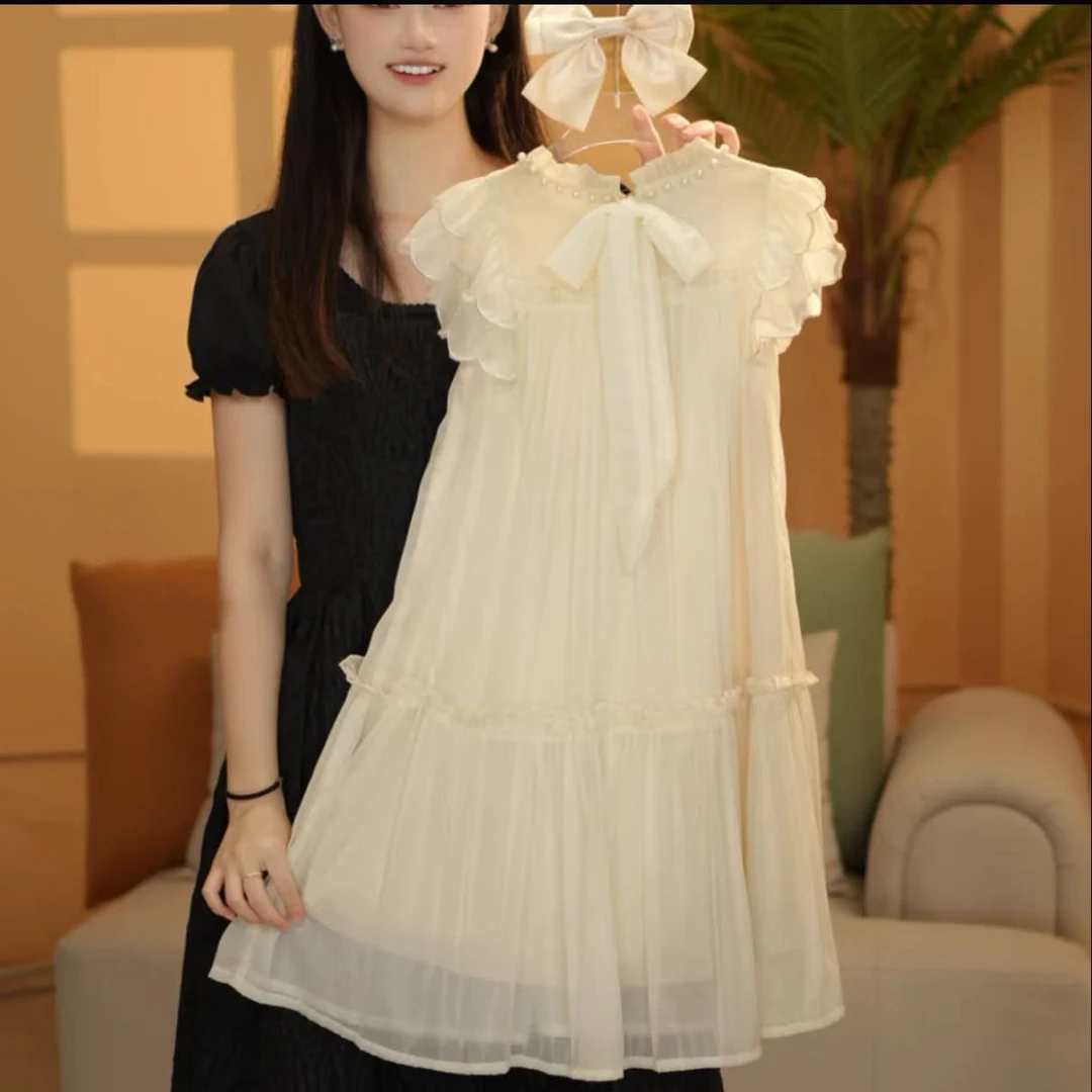 （现货）女童连衣裙2025夏季飘带系花瓣落肩袖连衣裙【送蝴蝶结发箍】