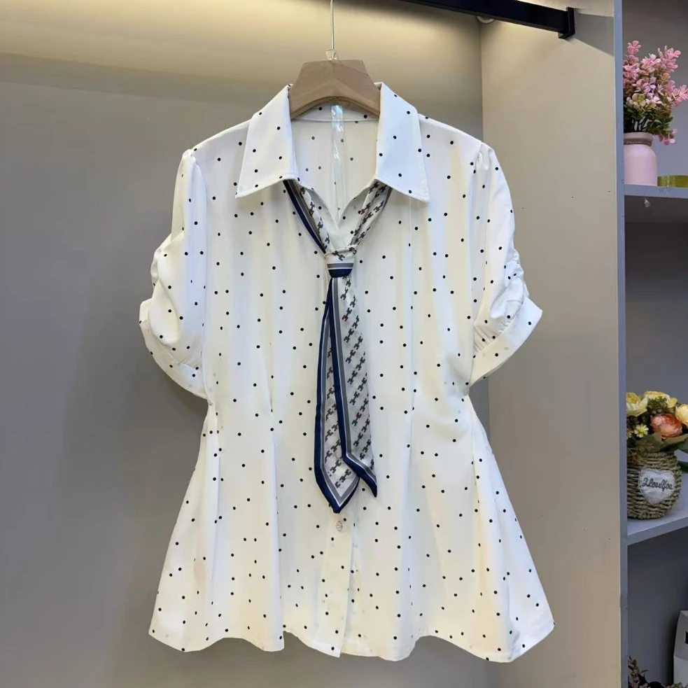 新款大码女装时尚气质Polo领松紧腰圆点百搭韩版显瘦上衣（有领带）