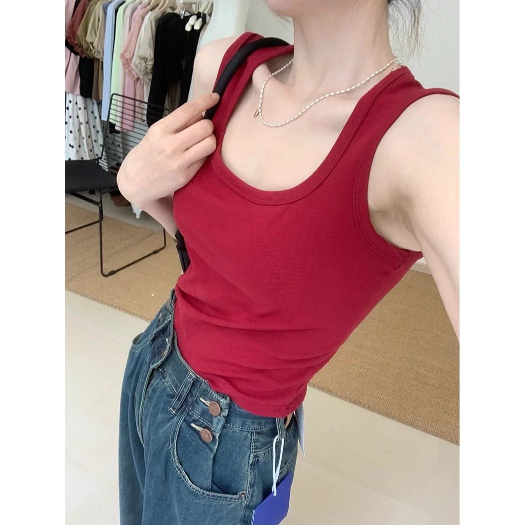 四季通勤百搭宽肩遮斜方肌方领背心女修身短款百搭美背遮副乳吊带