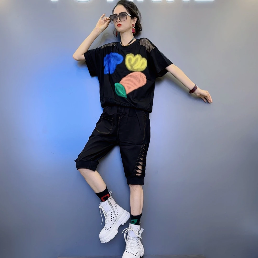 T65夏款手绘两色钻网露肩短袖-字母印花设计款镂空七分裤