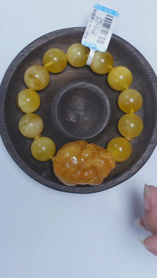 未镶嵌琥珀手链金白圆珠貔貅手串14mm