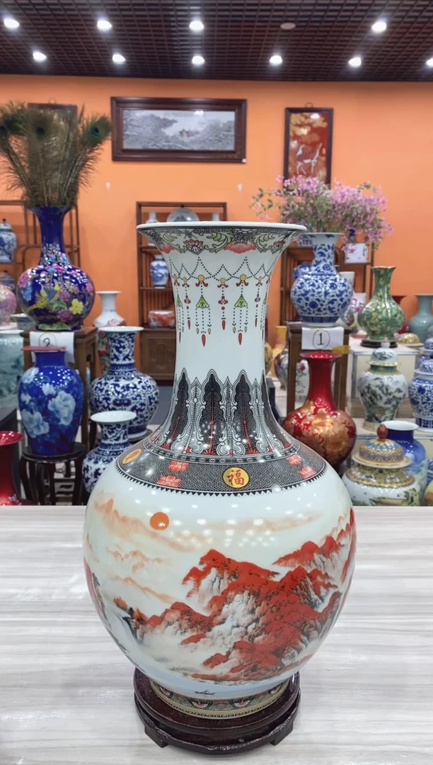 摆件灰色鸿运当头高47CM赏瓶+旋转底座