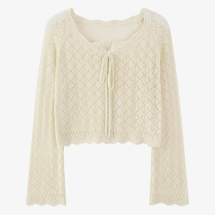 【现现】杏色镂空针织外套夏季慵懒防晒宽松长袖上衣Y50248480