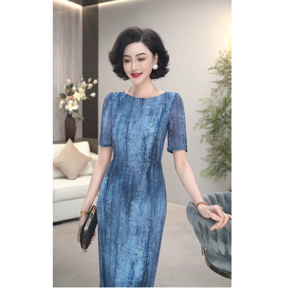 2025夏(冰蓝雅韵)莱赛尔天丝冰羽纱蓝色扎染冰瓷纹短袖裙WF3221