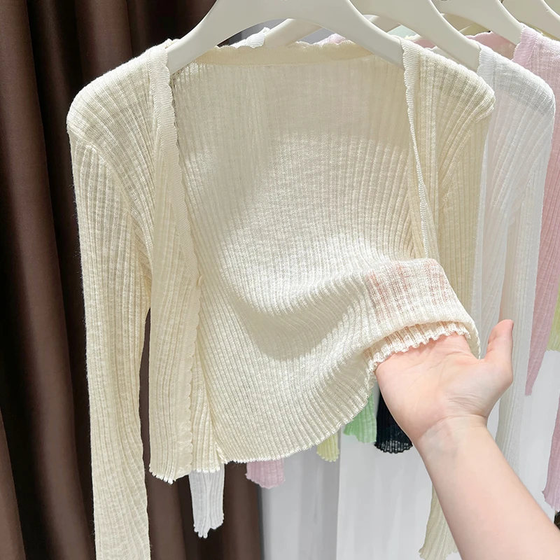 杏色短款长袖开衫防晒外套夏季薄款温柔风配吊带裙子甜美百搭披肩