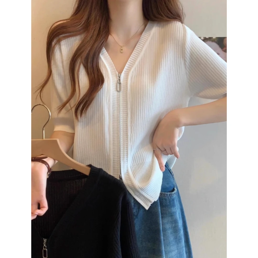 双拉链夏季薄款冰丝针织开衫女新款正肩韩版时尚百搭短袖T恤潮