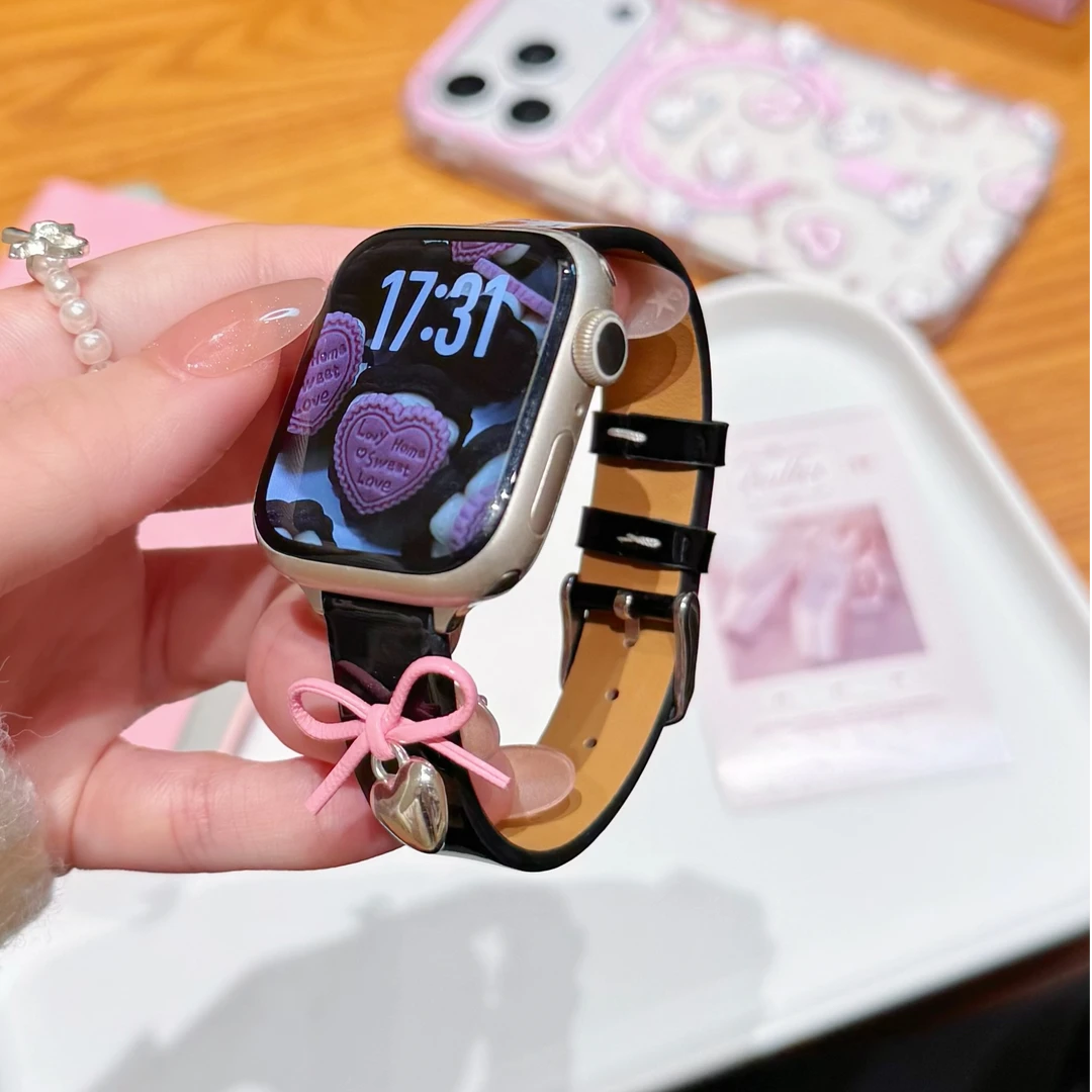 适用苹果AppleWatchs11手表带iWatchs10少女风真皮漆面腕带s9s8s7
