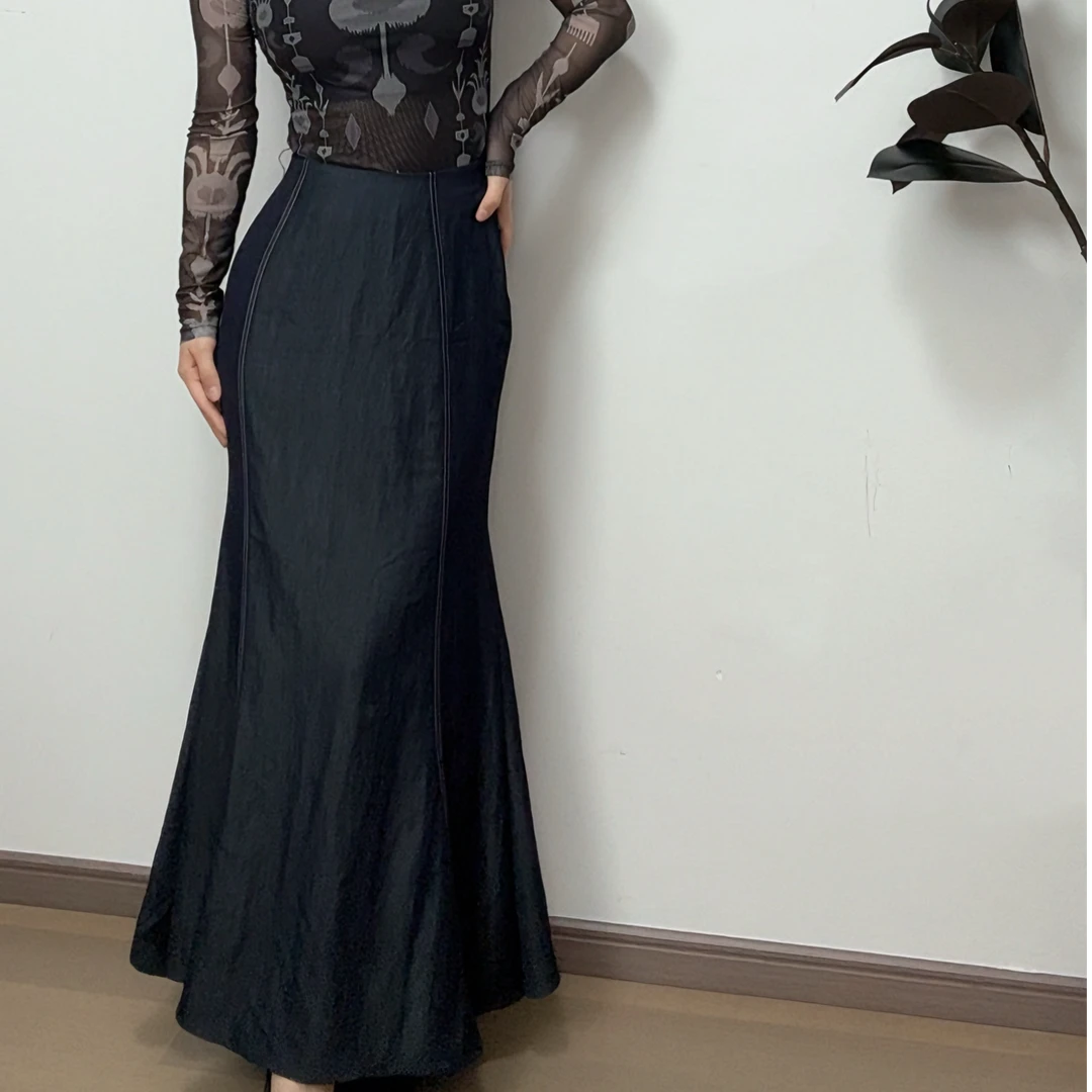 牛仔裙加长高腰复古美式鱼尾裙气质长裙半身裙黑色鱼尾半身裙