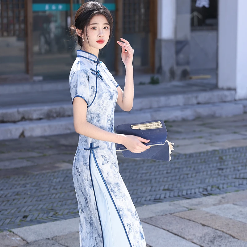 新中式蓝色奥黛连衣裙旗袍显瘦气质时尚复古日常修身优雅中国风