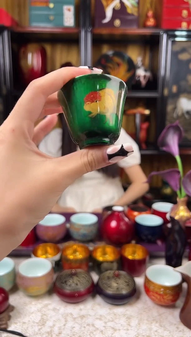 极光绿兰寿鱼一口杯-太古大漆