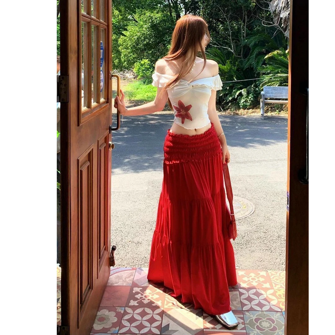 套装女2025夏季新款纯欲甜辣一字肩修身上衣+高腰显瘦长款半身裙