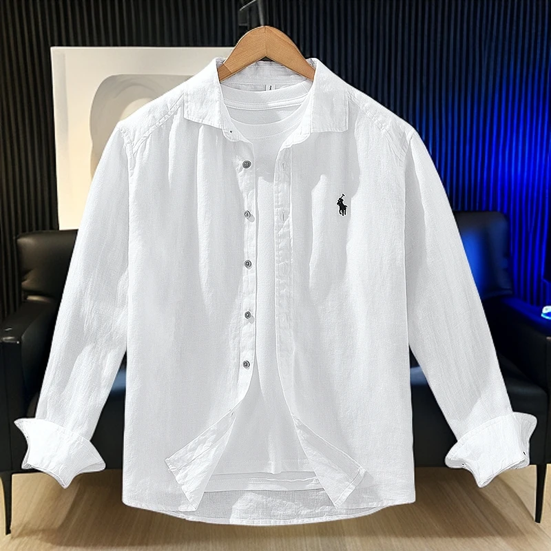 【简约老钱风】100%纯亚麻刺绣小马标长袖蓝色衬衫男秋季休闲衬衣