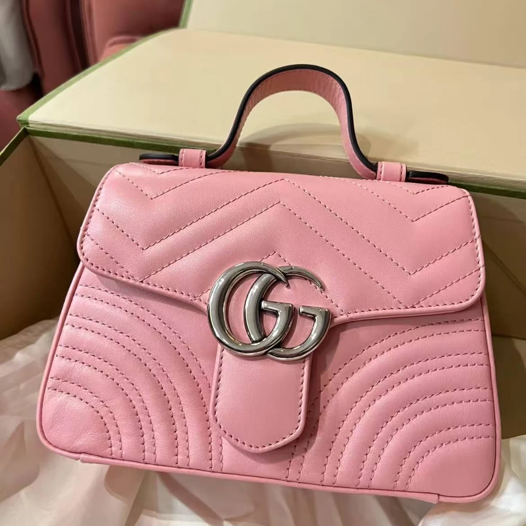 99新 GUCCI/古驰 蔚蓝/marmont 樱花粉银扣邮差包 小号