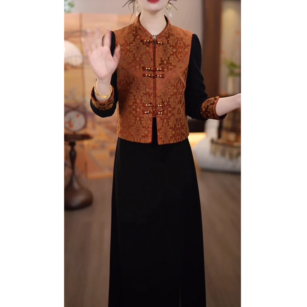 胜琳女装秋装新款时尚两件套连衣裙修身显瘦气质打底裙+夹棉马甲