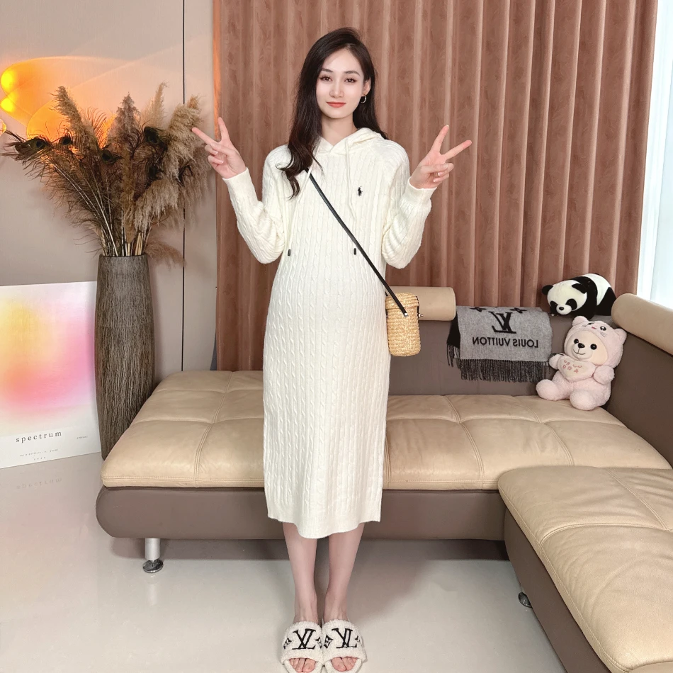 Ann&tens[十九岁]秋冬麻花编制修身版高弹连帽减龄气质孕妇连衣裙