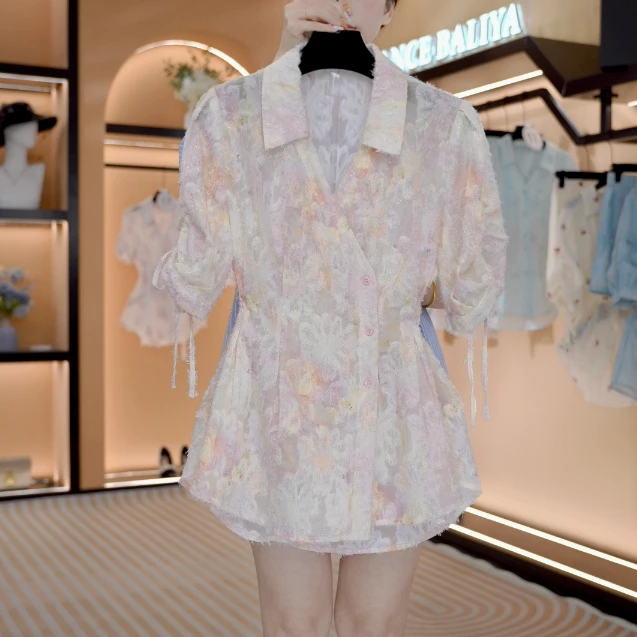 “蜜桃‘’新法式春夏慵懒感中长款宽松休闲衬衫套装 Y651